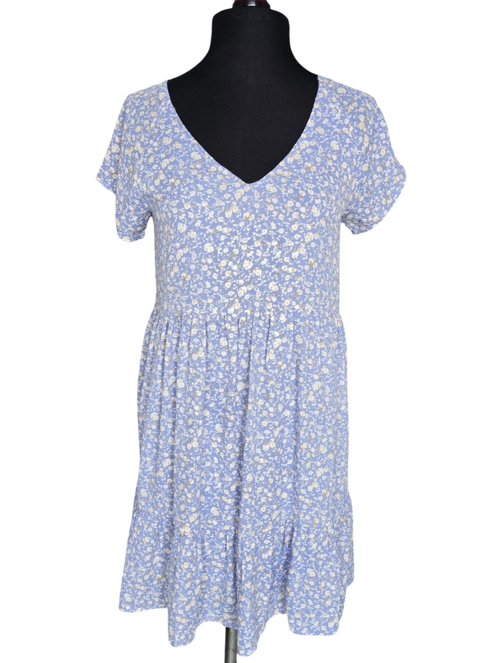 Sadie & Sage Light Blue Floral V-Neck Mini BabyDoll Dress Size XS Cottagecore